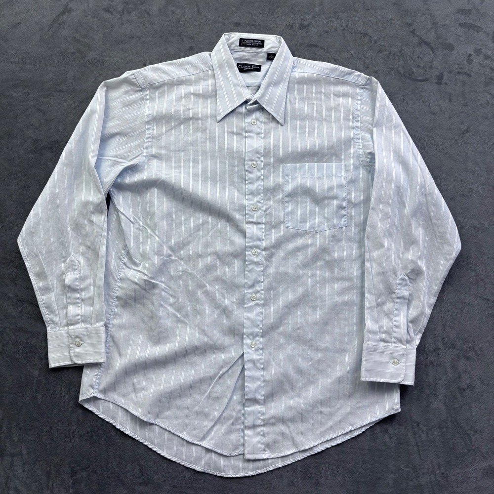 Christian Dior Monsieur Mens Vintage Striped Button Down Shirt Blue 16 32-33